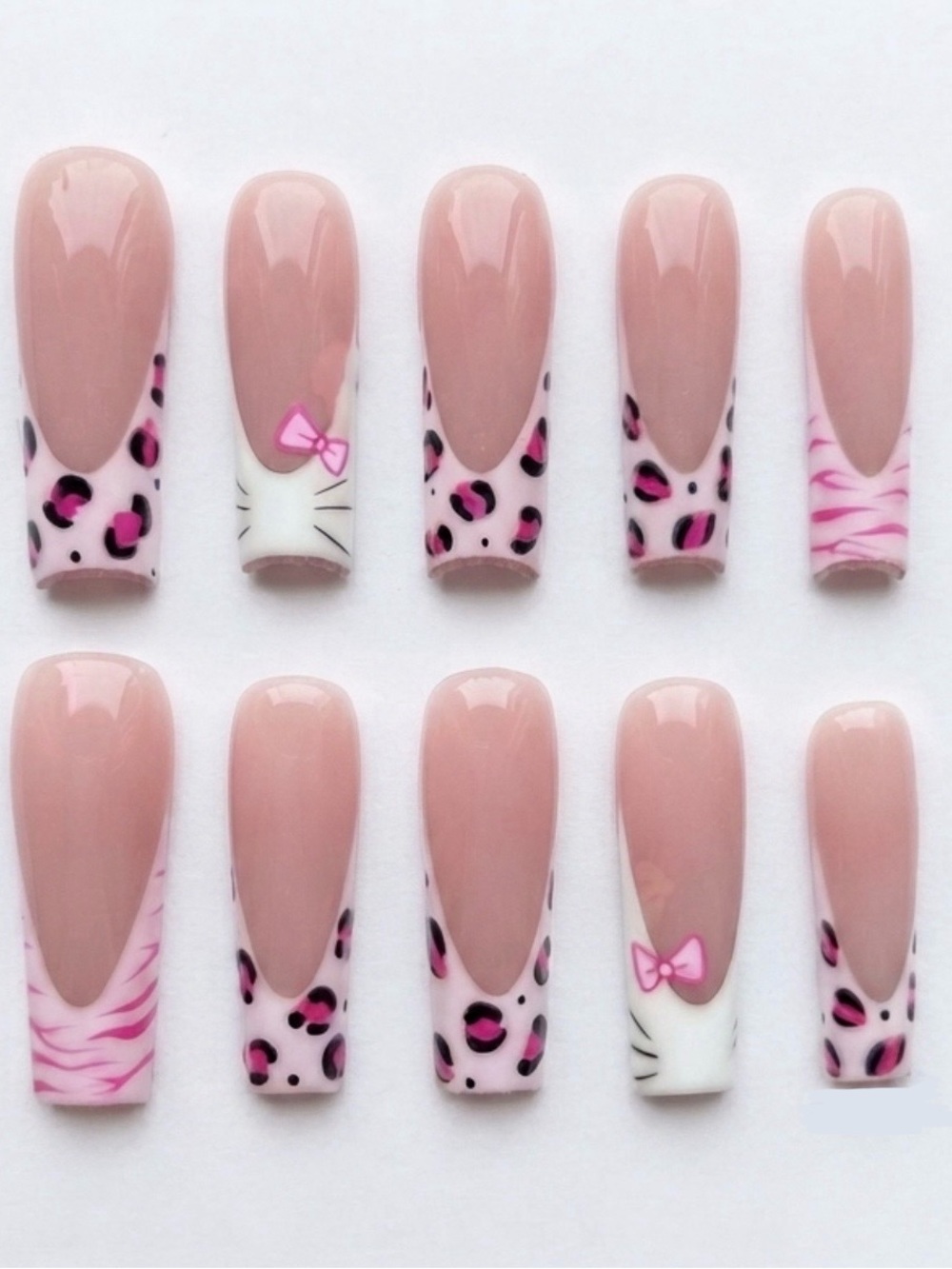 Pink Leopard & Bow Long Press-On Nails